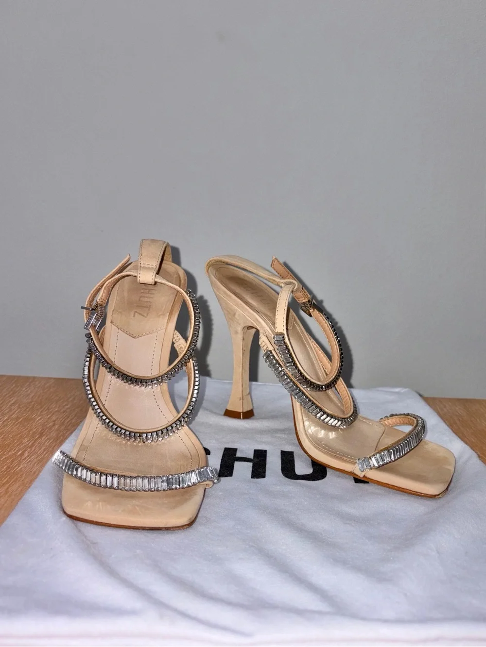 SCHUTZ Nude Strappy Heels with Silver Crystal Accents in Shoe Bag